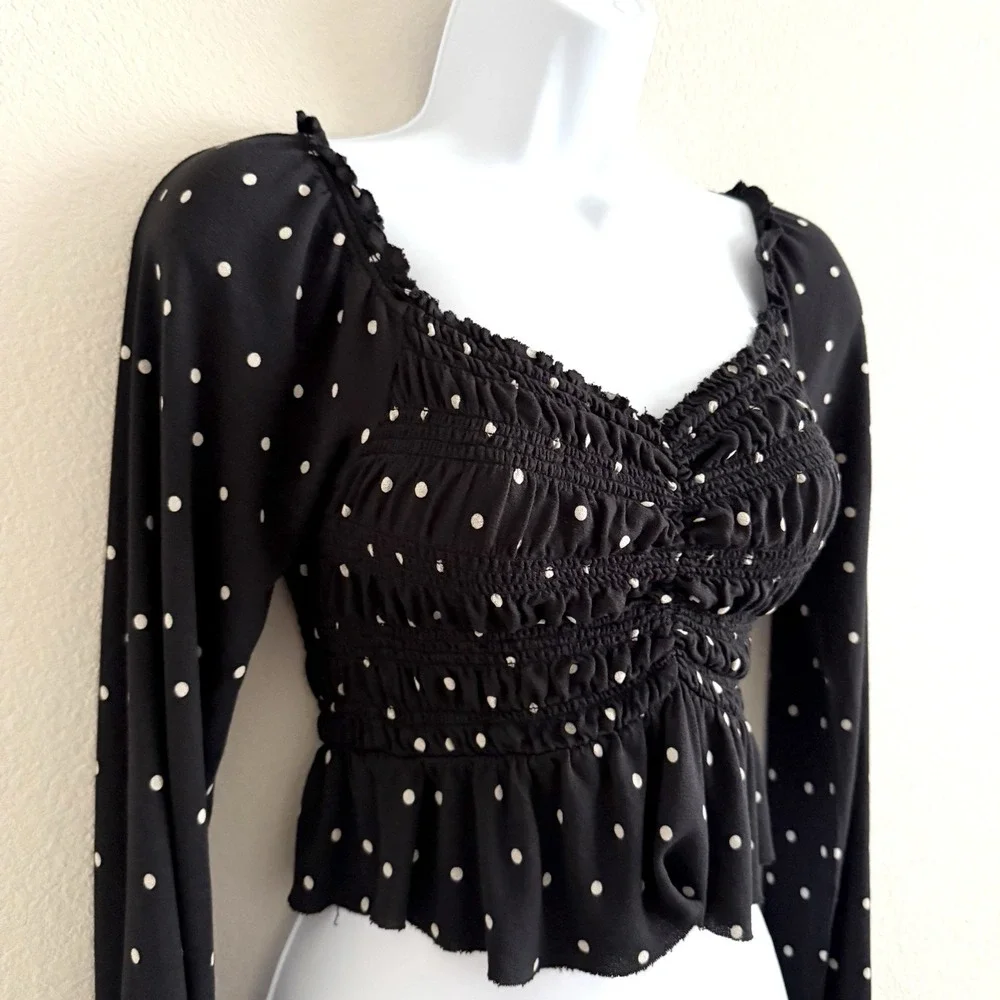 Urban Outfitters Peasant Blouse Womens XS Black Polka Dot Milkmaid Whimsigoth